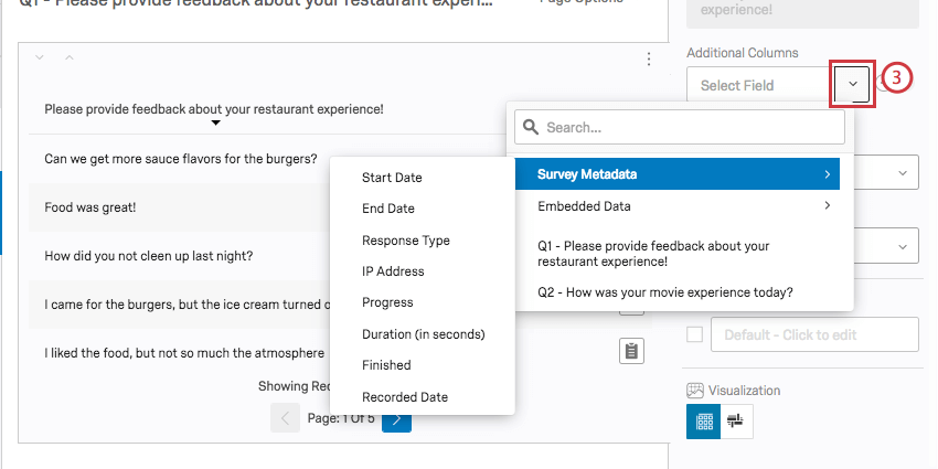 next to the empty field under additional columns, the dropdown arrow reveals a menu of additional survey items to add to the table