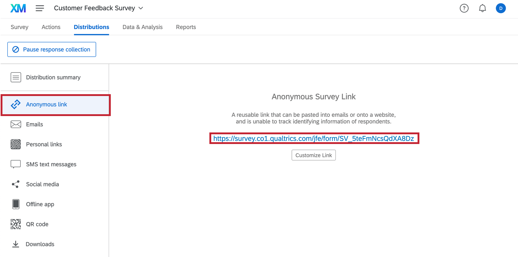 Anonymous Link section with link displayed