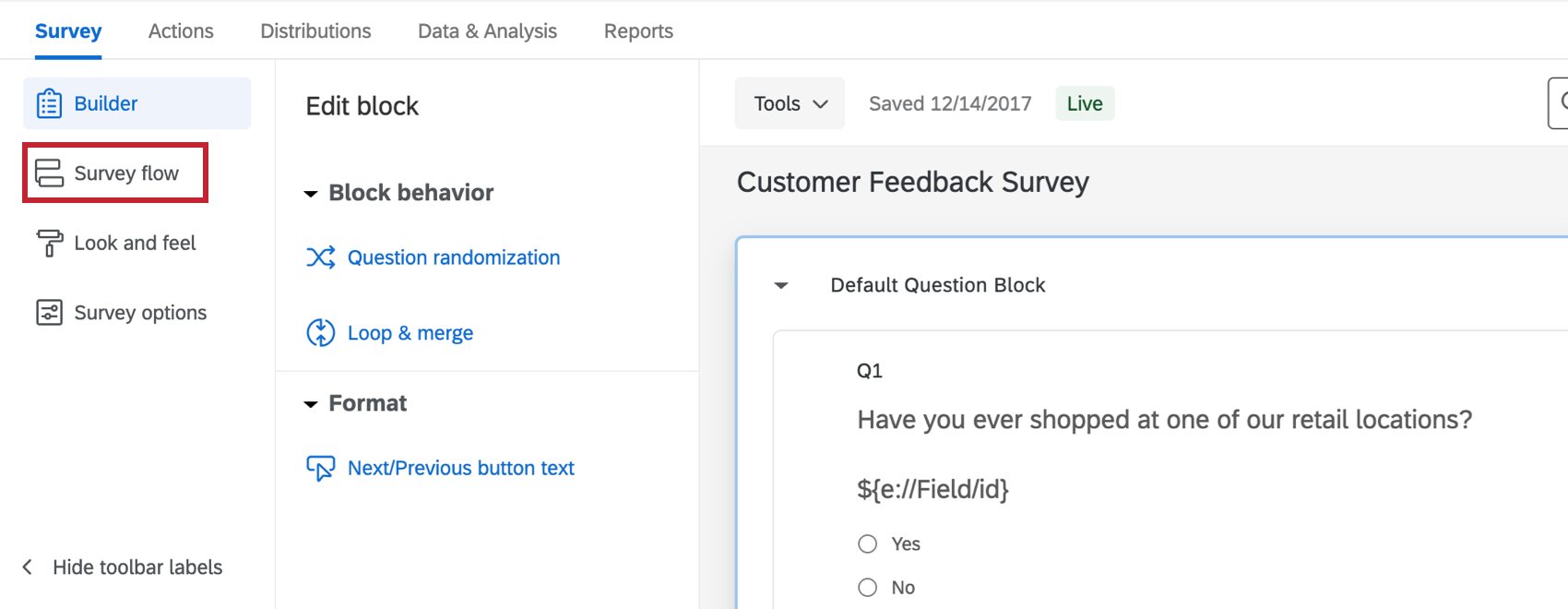 Toolbar expanded to left - survey flow button is highlighted