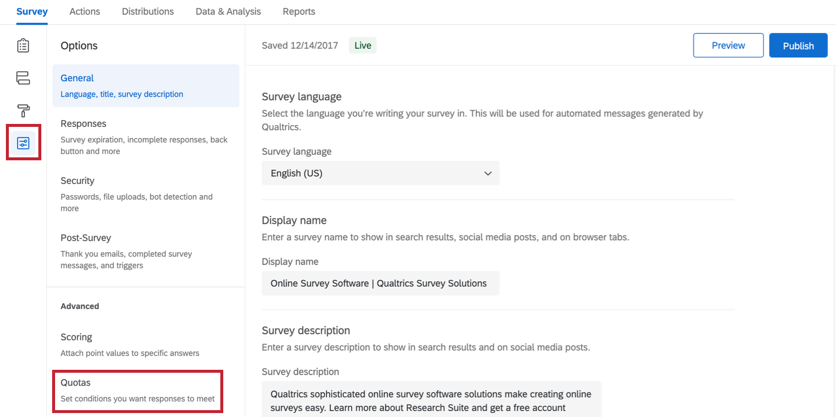Survey options is open, quotas is selected at the bottom