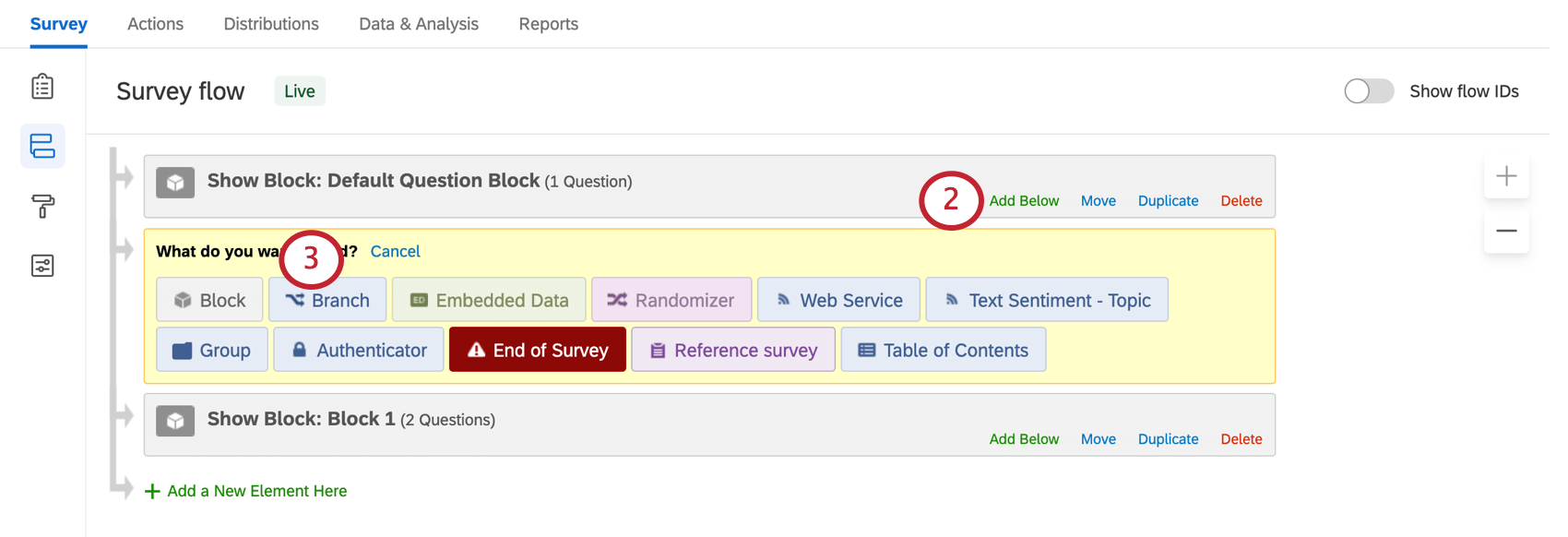 Option "Unten" im obersten Block und Verzweigung" im Menü hinzufügen
