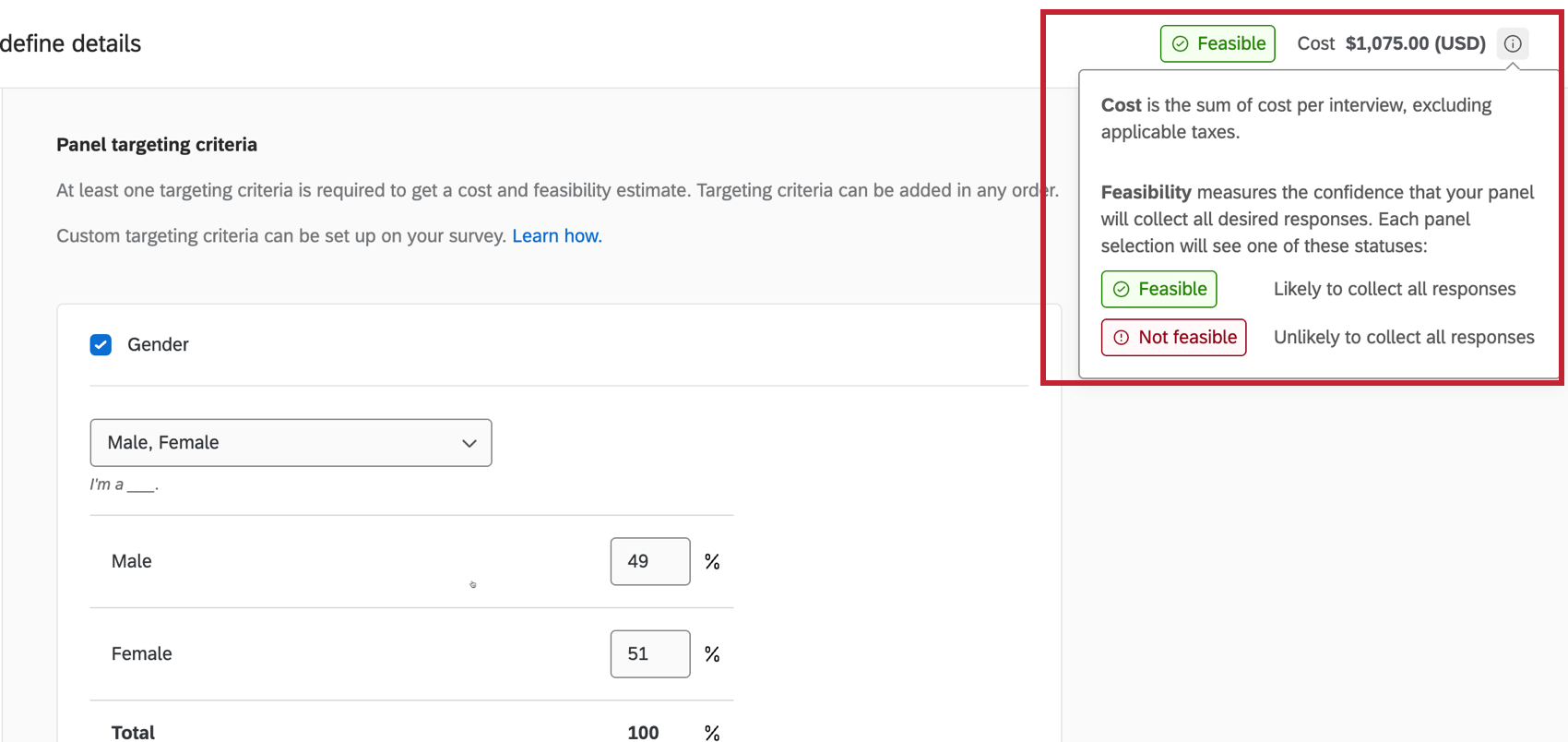 panel cost and feasibility displayed on the righthand side of the page