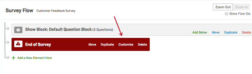 Options de personnalisation de lélément Fin denquête