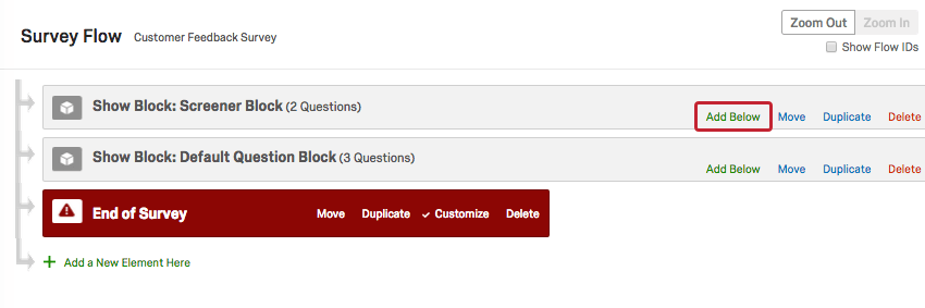 Add Below option in topmost block in the Survey Flow
