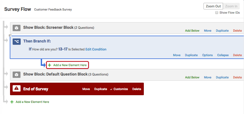 Lopzione Aggiungi un nuovo elemento qui è annidata sotto la nuova Diramazione