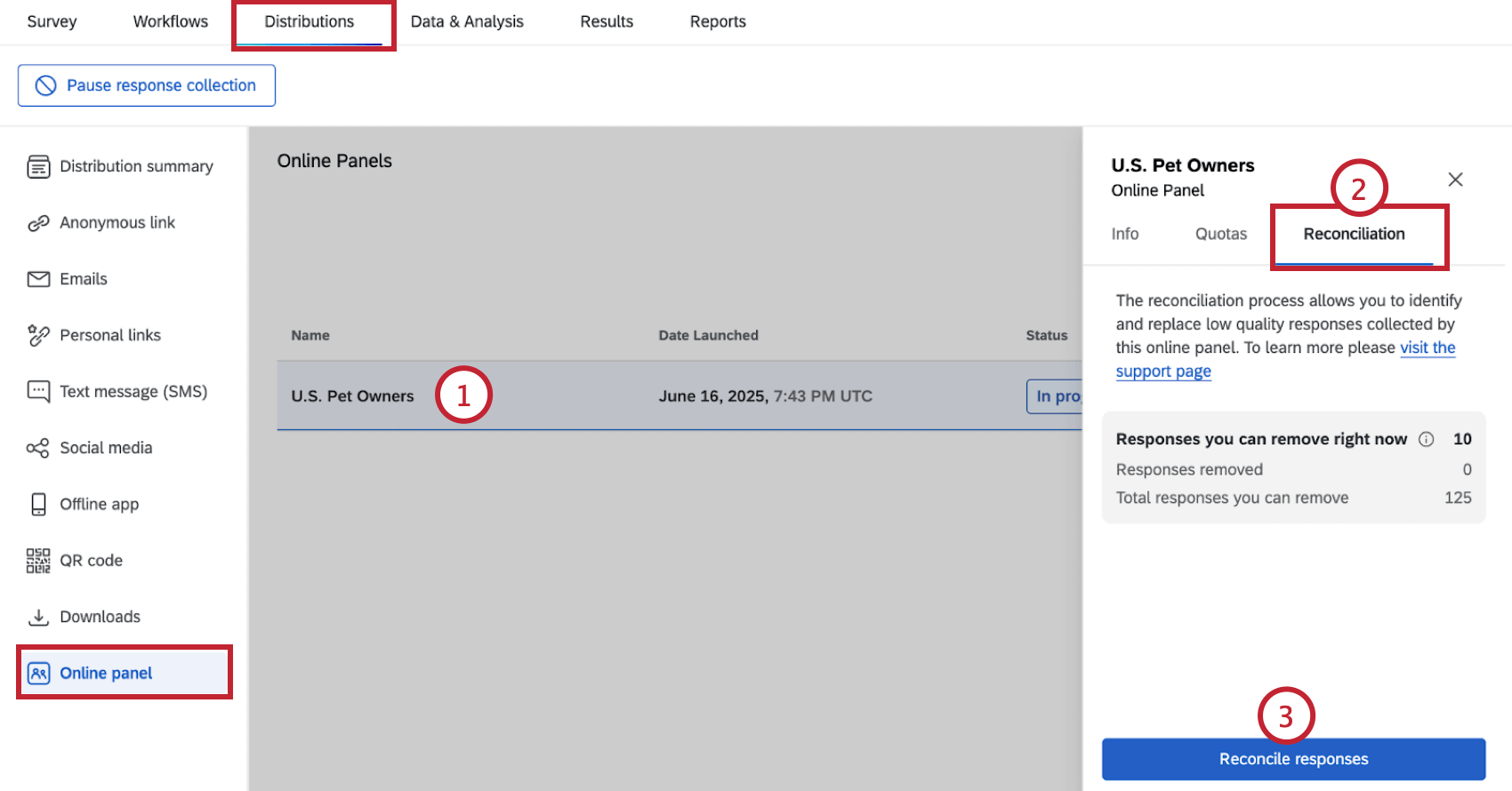 navigating to the open panel and selecting data reconcilation