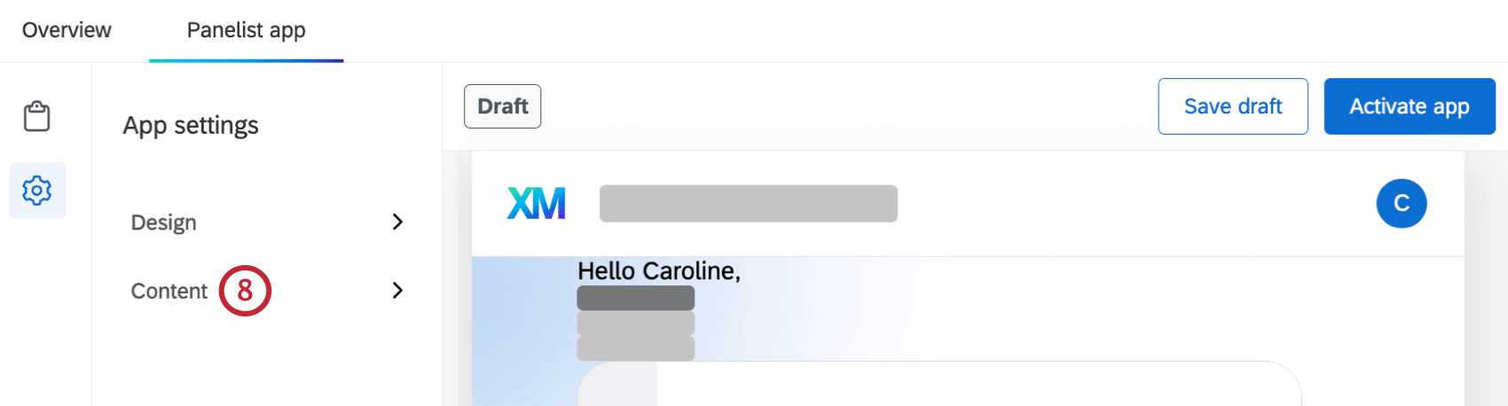 "content" tab within app settings