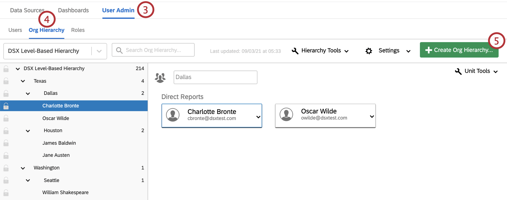 Le bouton vert Créer une Hiérarchie dorganisation peut apparaître en haut à droite ou au centre, selon que vous avez ou non créé des hiérarchies dorganisation par le passé