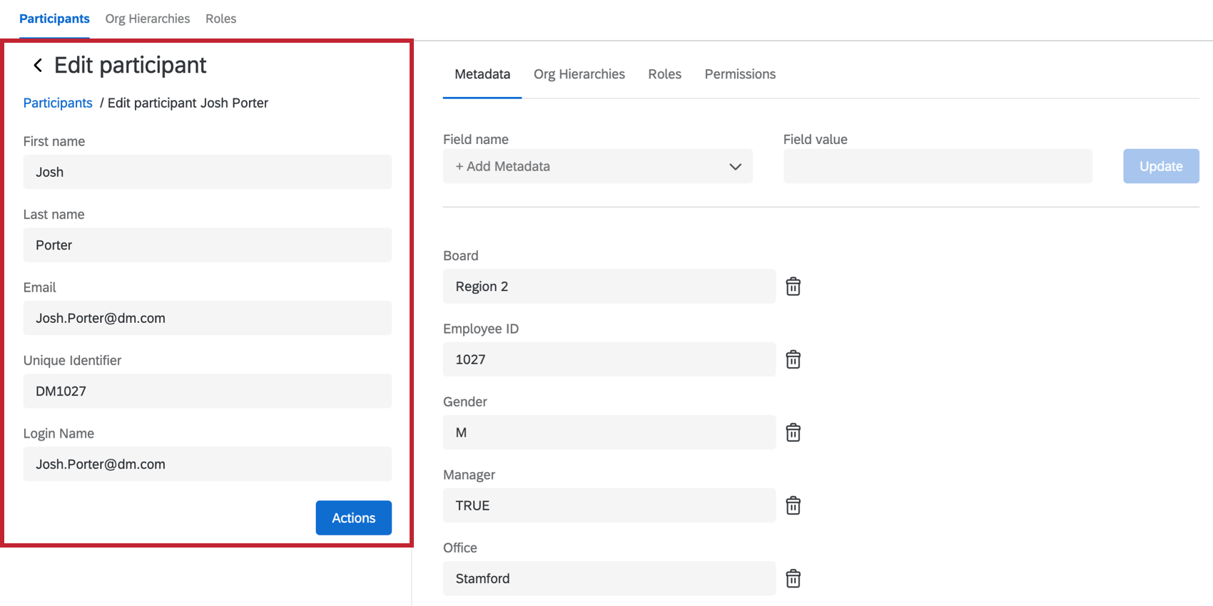 Les informations de base se trouvent à gauche de la page, sous la rubrique "Modifier le participant"
