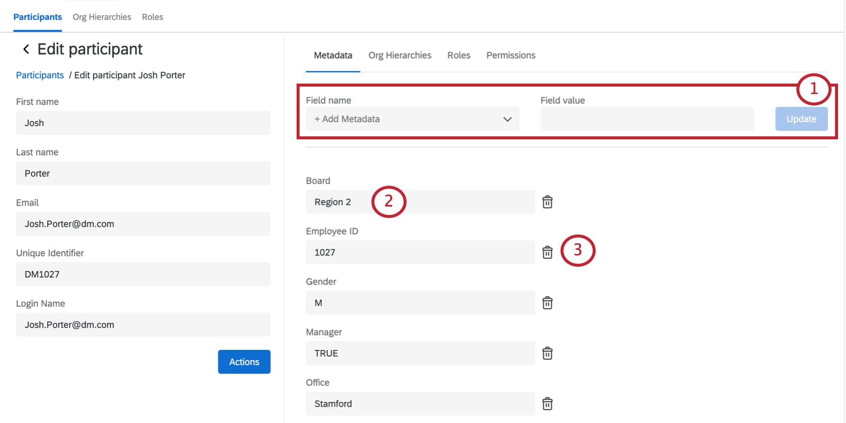 Metadata tab in the participant information window