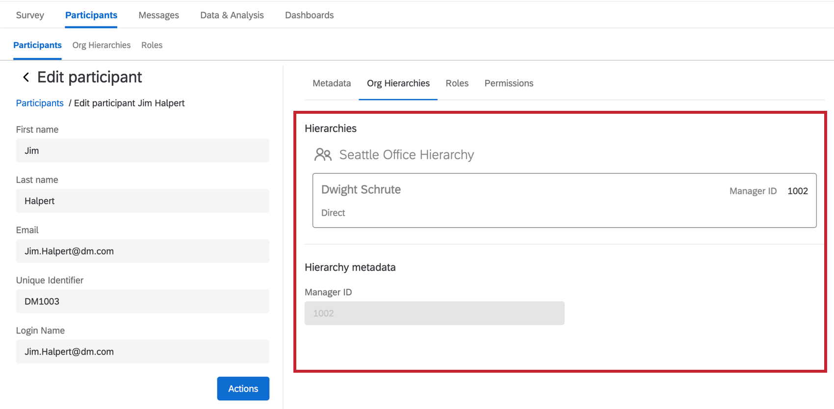A guia Hierarquias da organização da janela