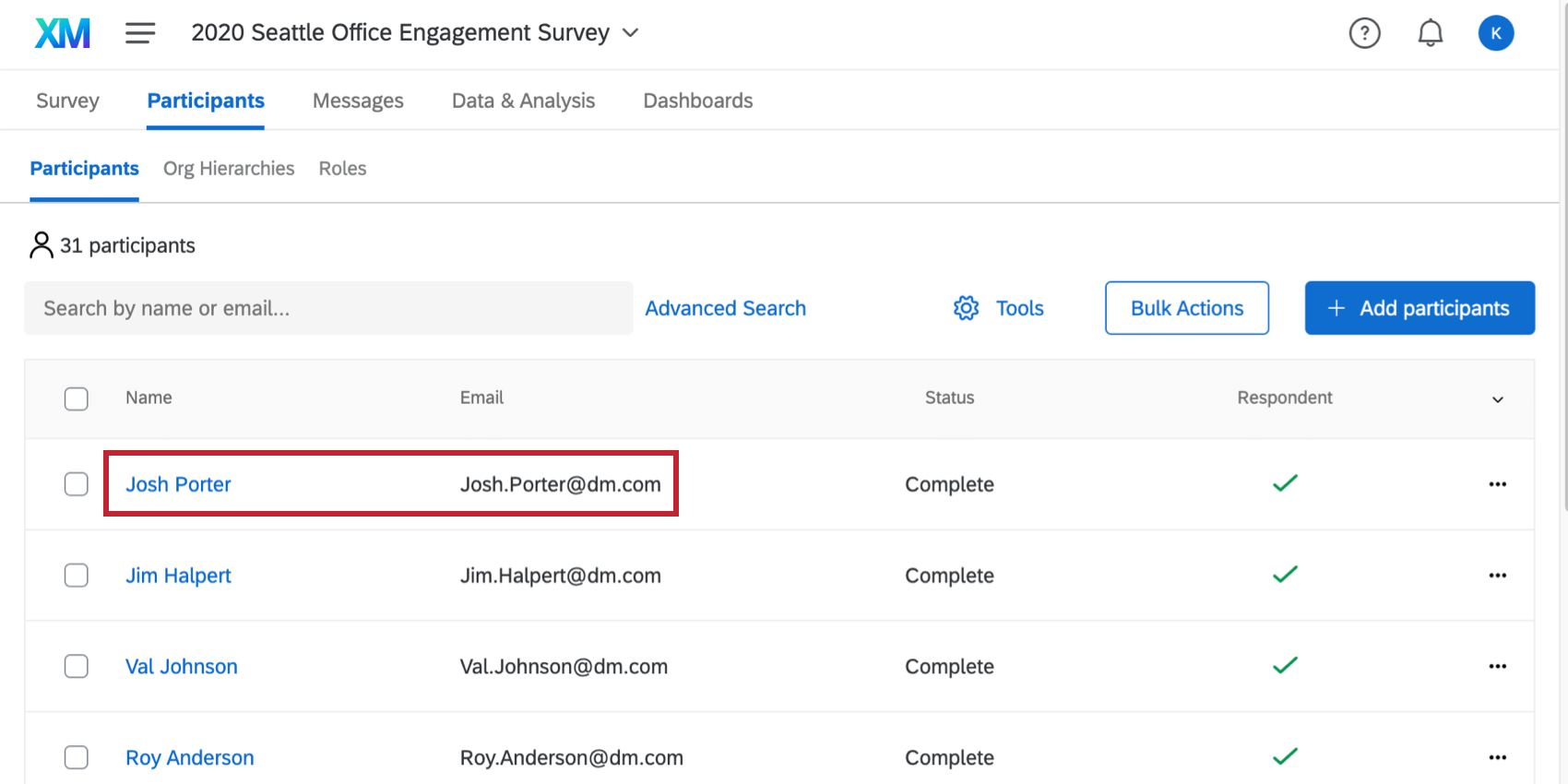 A participant selected on the Participants tab