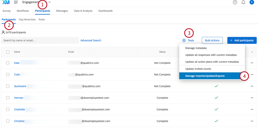Navigating to the Manage Imports/Updates/Exports section in the Participants section