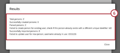 Fenêtre de résultats avec messages derreur