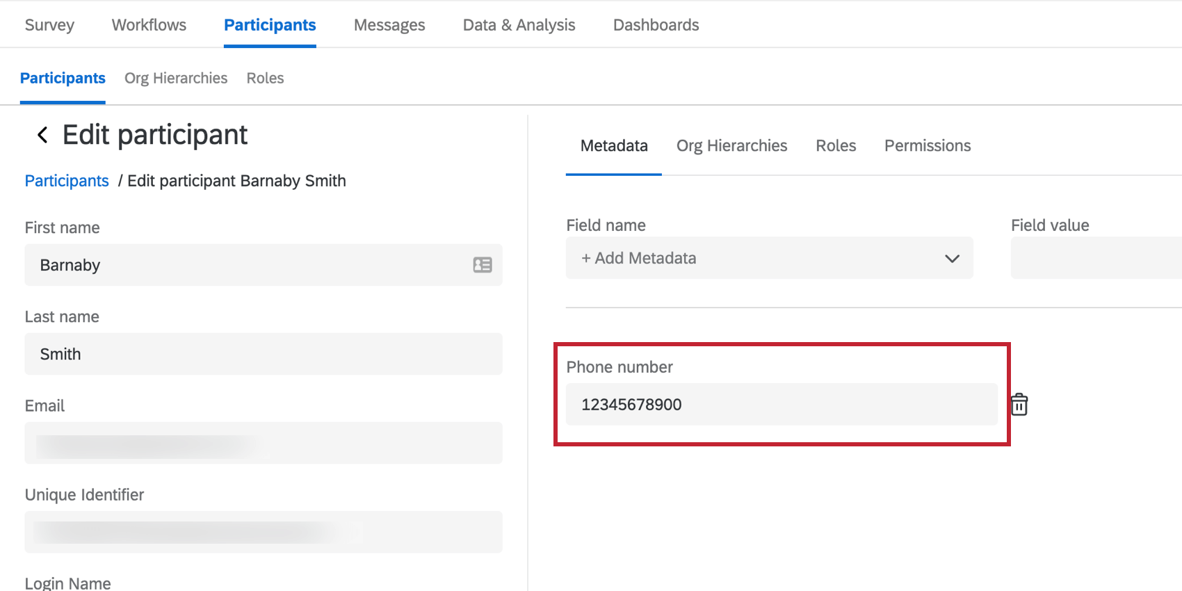 参加者のメタデータを編集すると、参加者に電話番号フィールドがあります。