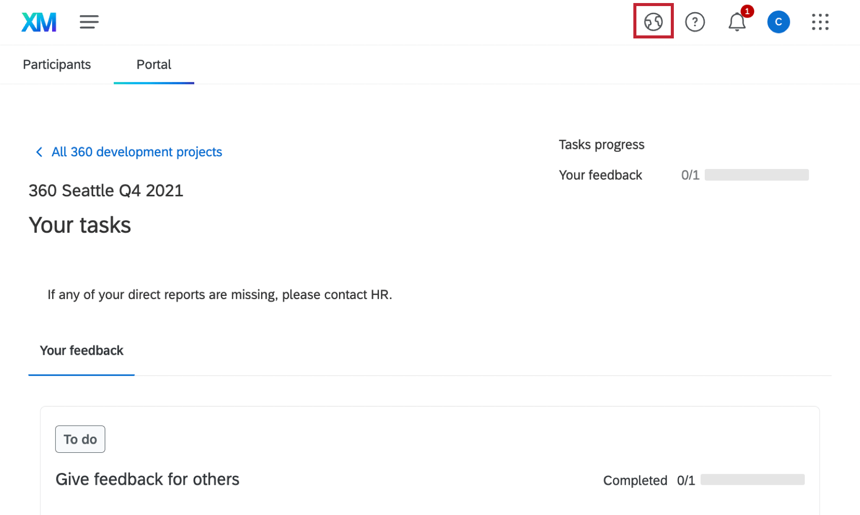 the participant portal. The globe icon for switching languages is in the top right hand corner