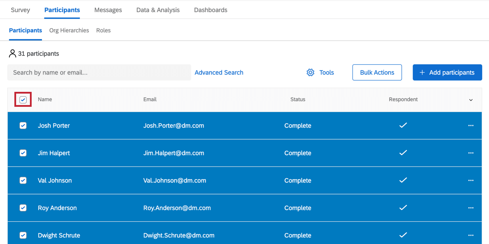 All participants are selected by clicking the checkbox to the top-left of them.