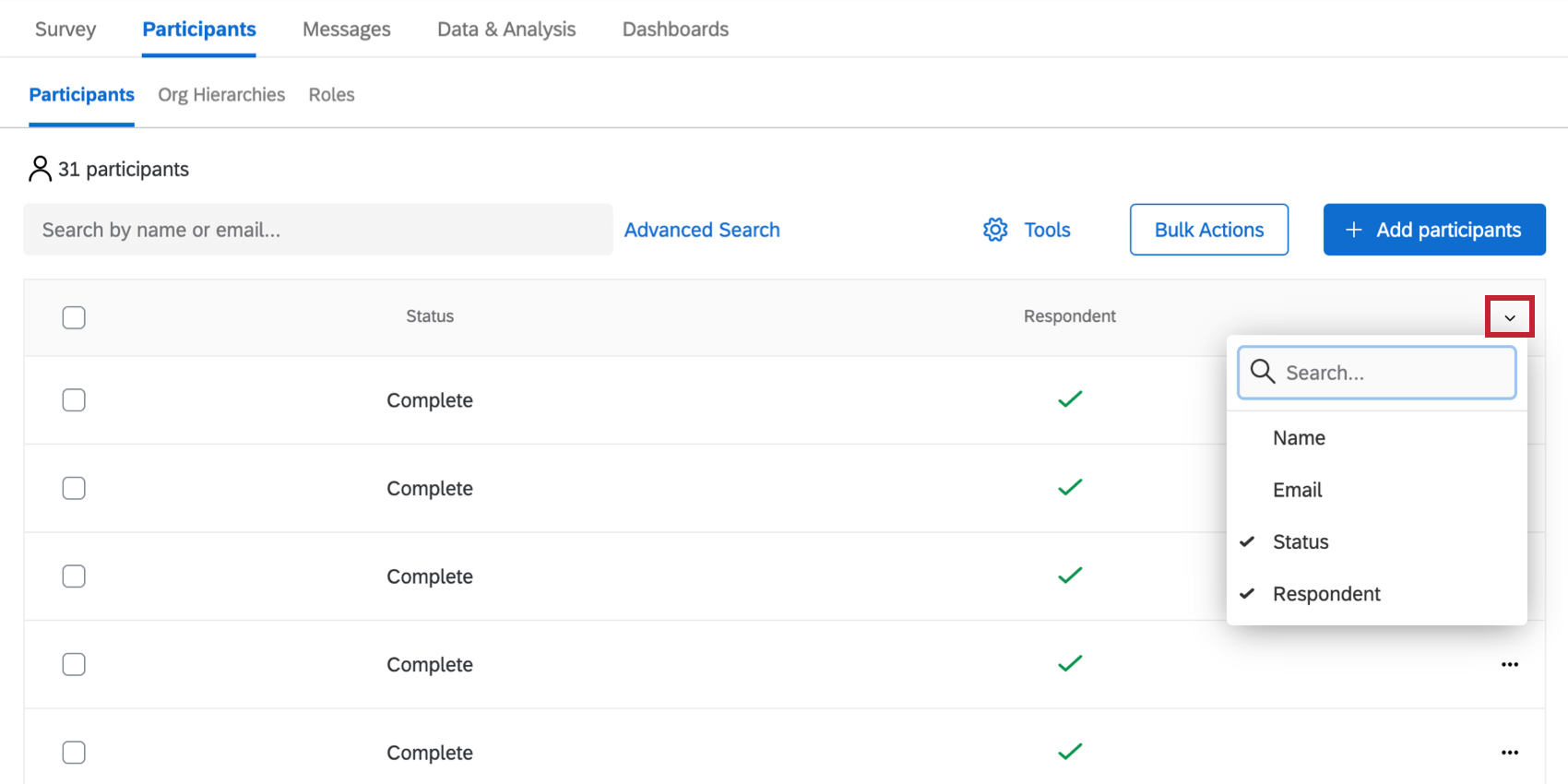 Dropdown auf der rechten Seite der Kopfzeilen