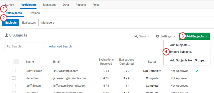 Selecting the Import Subjects option from the Add Subjects dropdown menu
