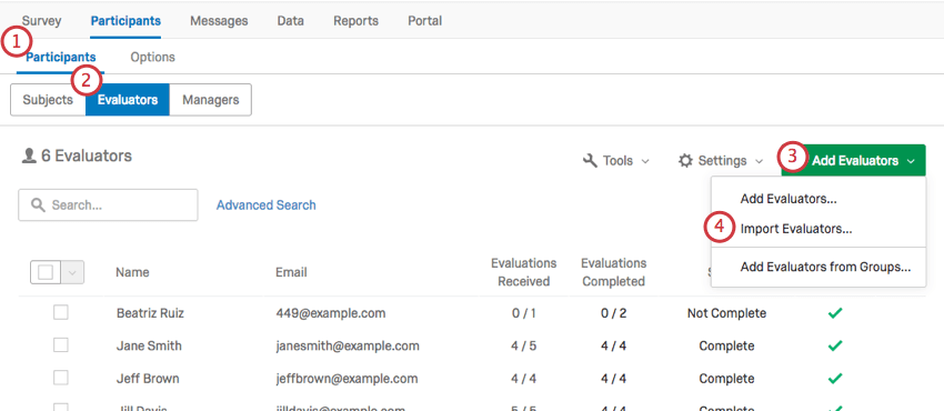 Selecting the Import Evaluators option from the Add Evaluators dropdown menu