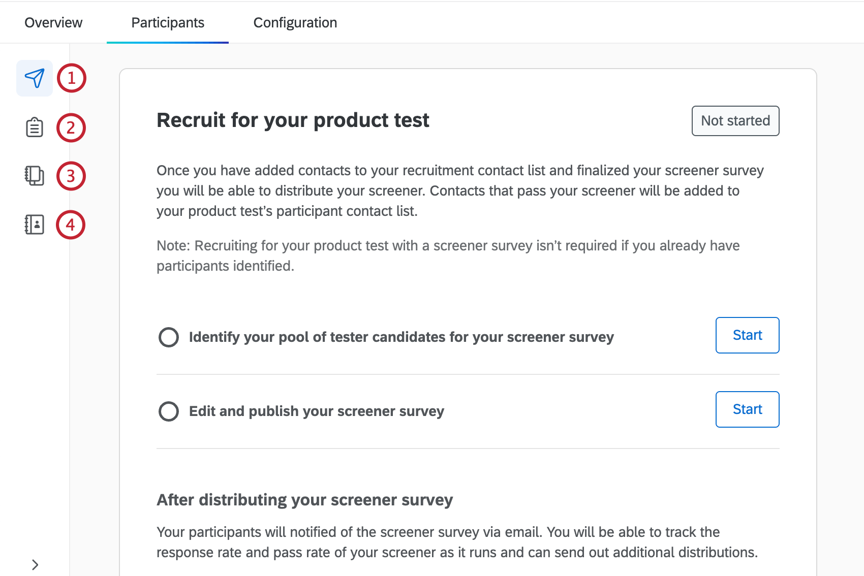 sub sections within the participants tab of a product test
