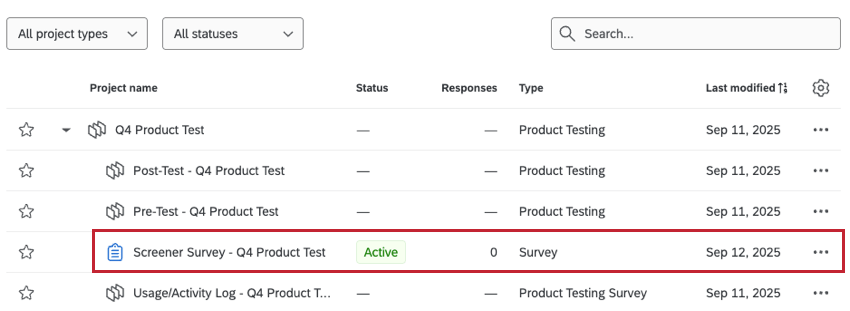 screener survey within the projects page