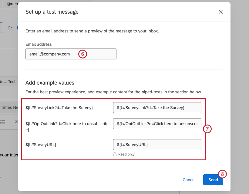 campos para configurar uma mensagem de e-mail de teste