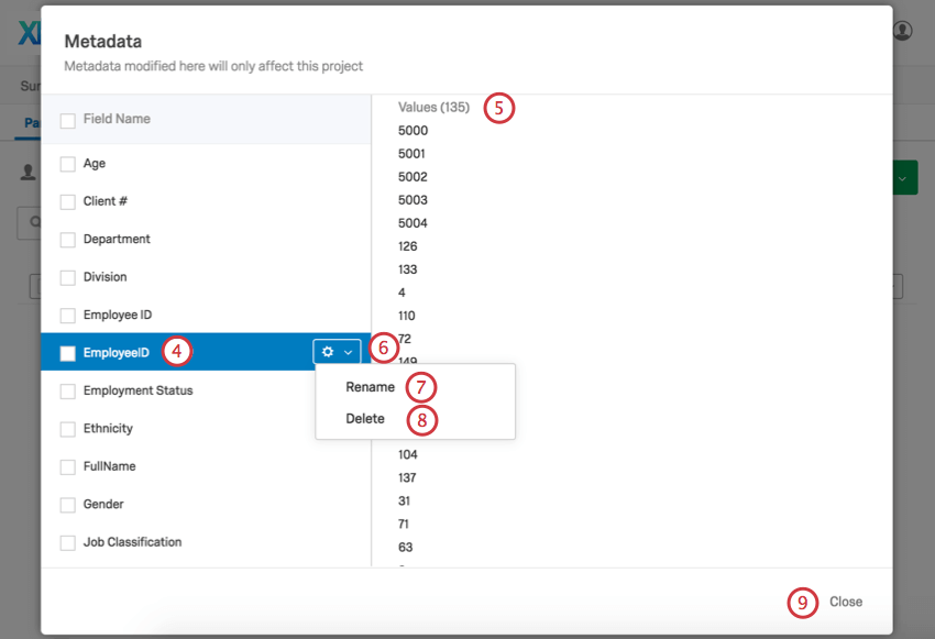 Managing metadata in the metadata pop up window