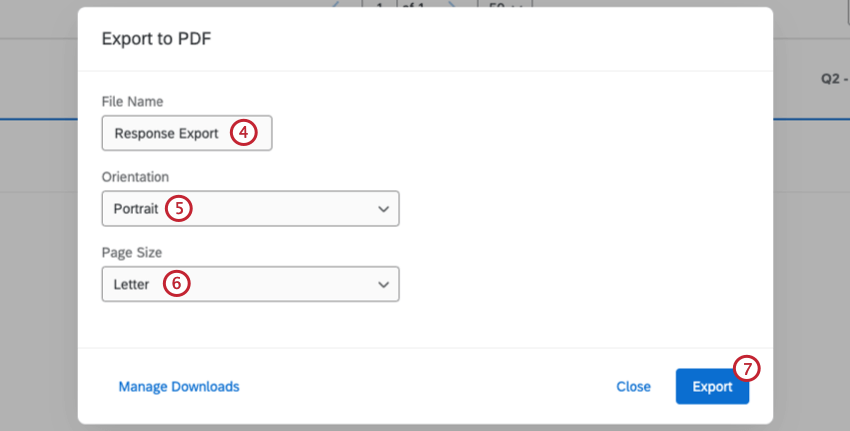 opções adicionais ao exportar uma resposta para PDF