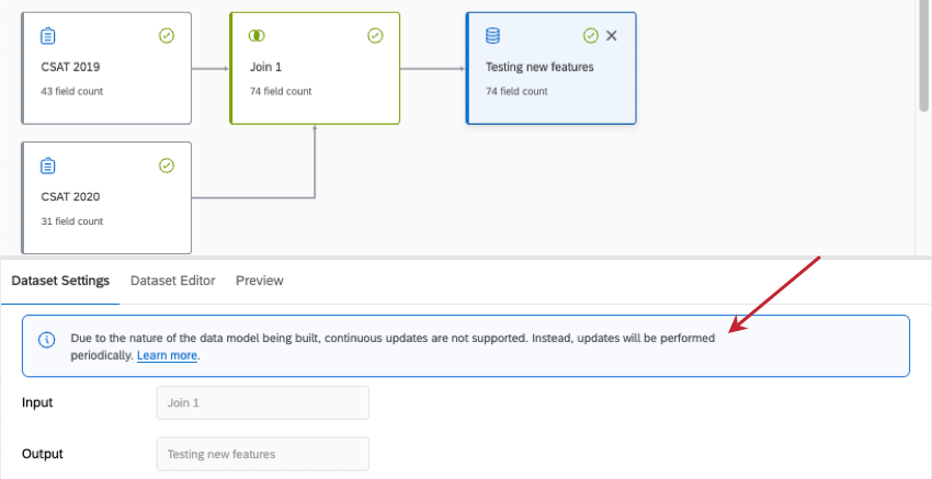 青いバナーがモーダルに表示され、データモデルのページ下部にあるフィールドのeidtsを作成します。