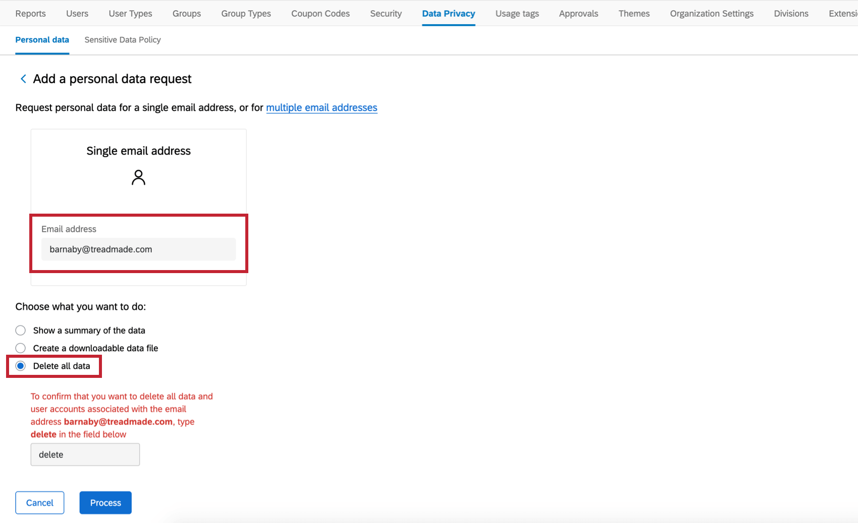 campo de endereço de e-mail preenchido, exclua todos os dados selecionados. abaixo disso, há um botão para processar a solicitação