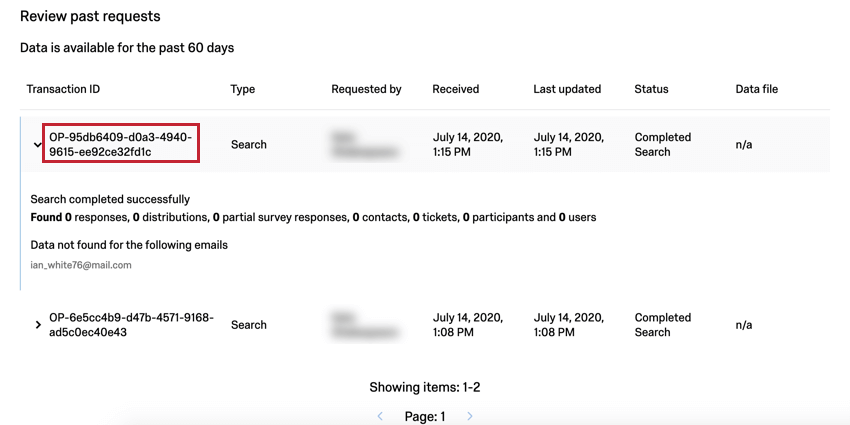 Transaction ID column with ID that starts with OP