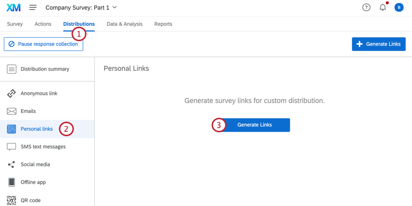 in the distributions tab, clicking personal links and then generate links
