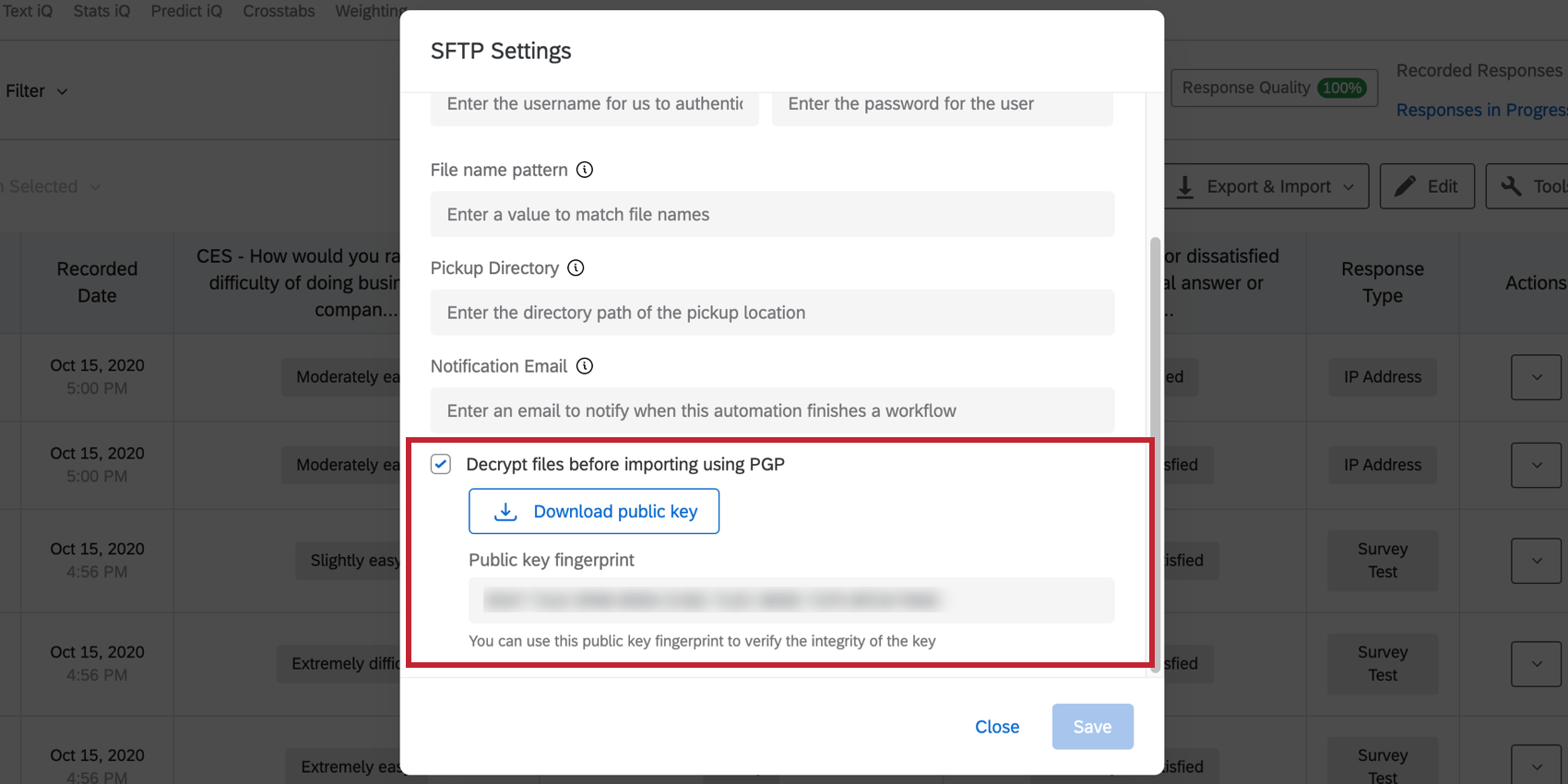 Imagem da chave de descriptografia na automação de importação de resposta. Você seleciona uma opção que revela a capacidade de fazer download ou copiar a chave