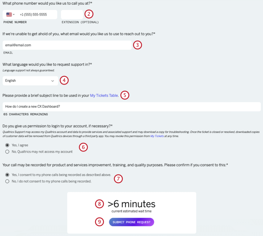 Formular für telefonischen Support