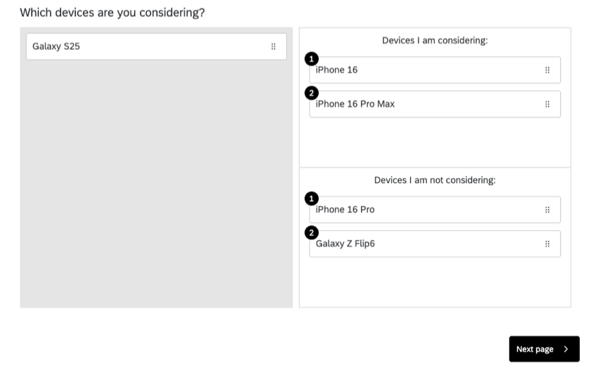 À esquerda, tipos de telefone. À direita, uma caixa para os Dispositivos que o entrevistado pode querer e uma caixa para os que ele nunca desejaria. Os itens podem ser arrastados da lista para qualquer uma das caixas ou entre caixas
