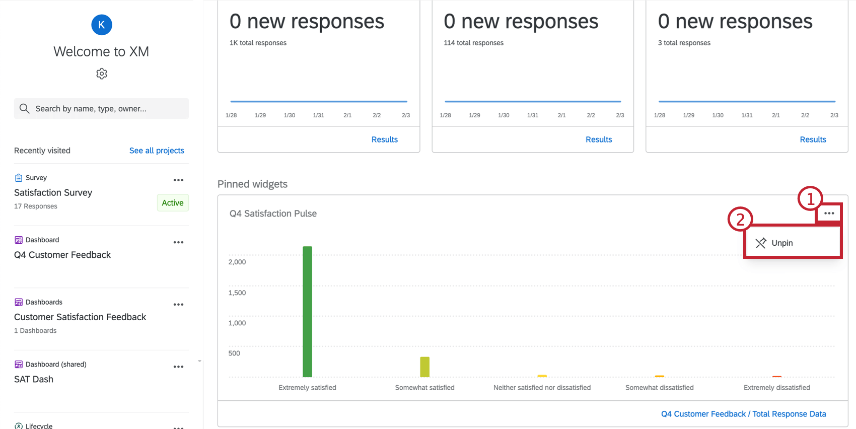 Unpin button on the homepage