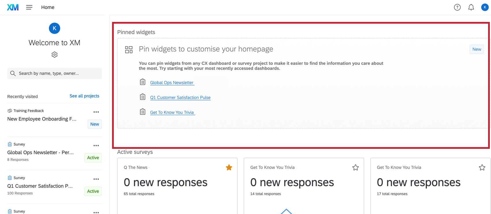 Zone grise en haut de la page daccueil où des widgets épinglés peuvent être ajoutés