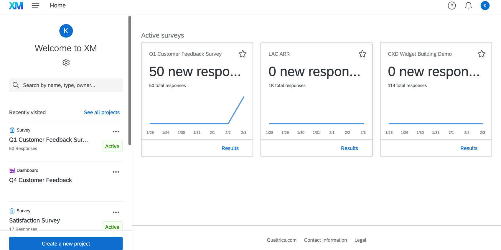Page daccueil de Qualtrics