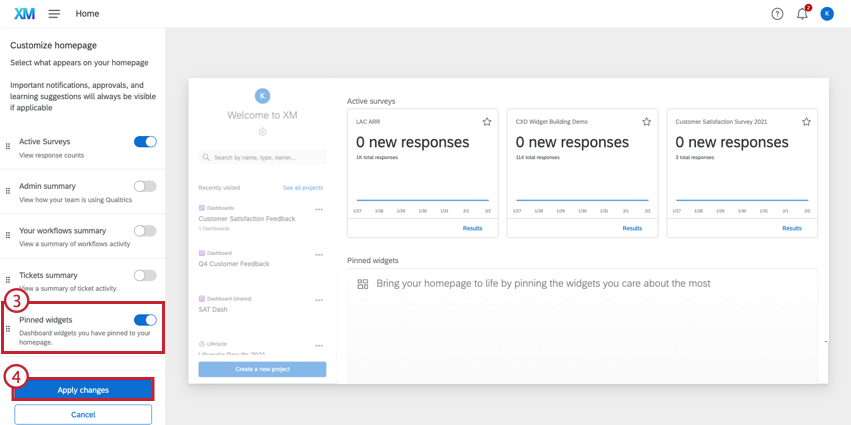 Image of homepage options - pinned widgets is toggled on, so the toggle is blue