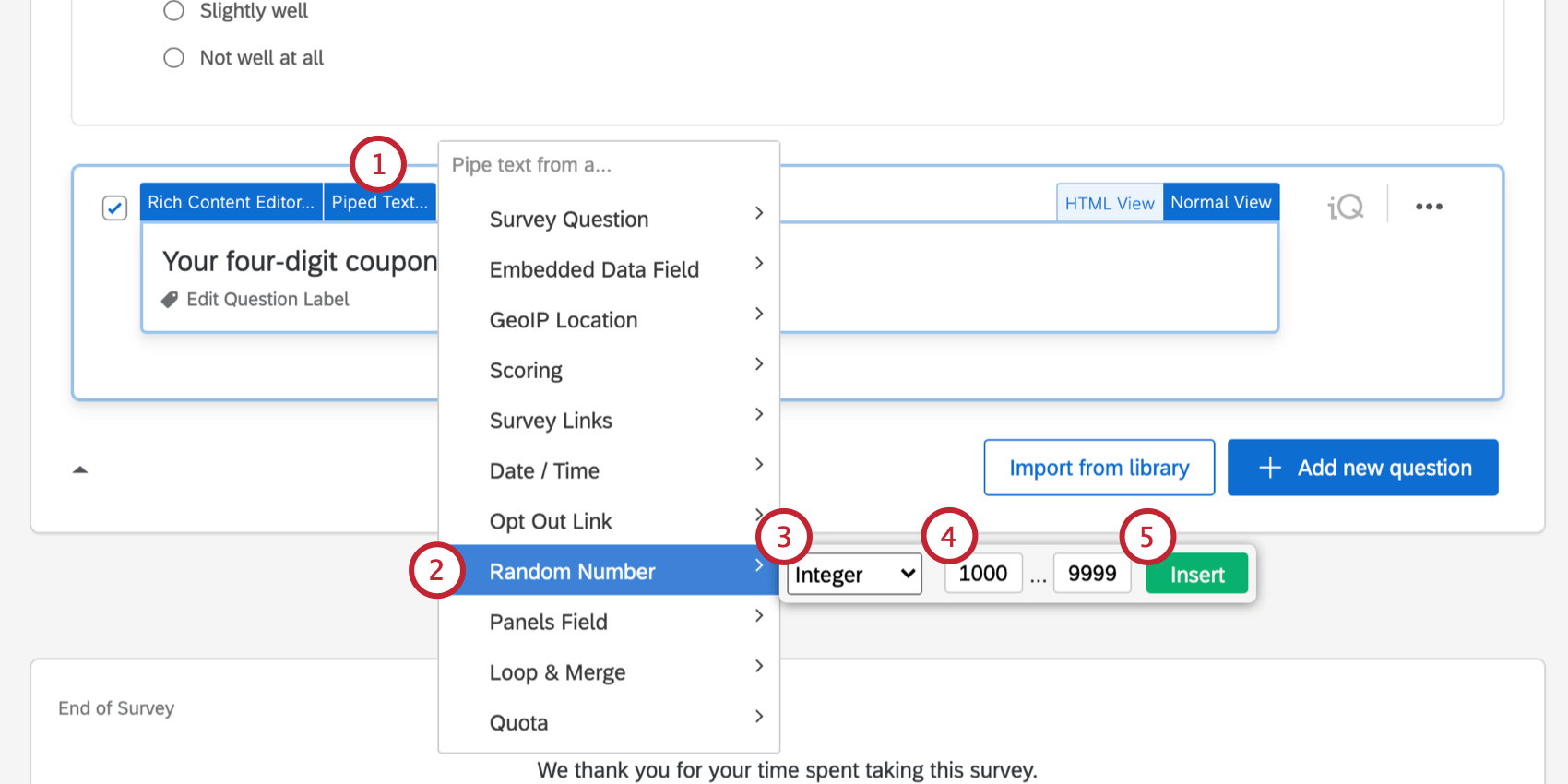 Random number generator piped text menu. Fields for minimum and maximum.