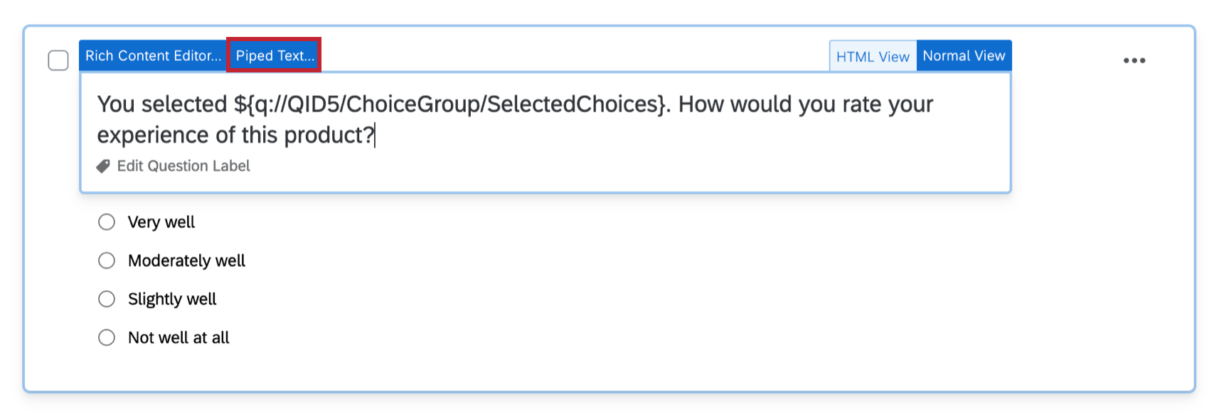 Lorsque vous cliquez pour modifier le texte dune question, le bouton Texte inséré apparaît en haut à gauche