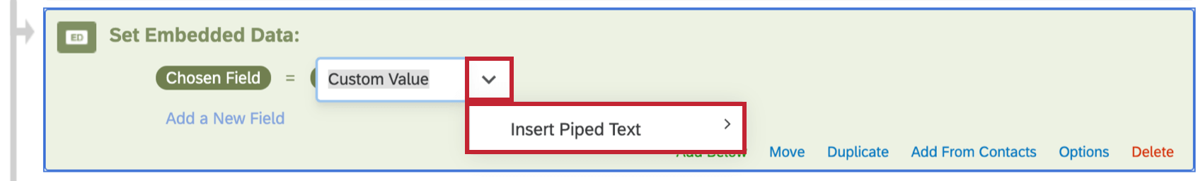 Wenn Sie den Wert in einem eingebetteten Datenelement bearbeiten, führt der blaue Dropdown-Pfeil zur Option „Dynamischen Text einfügen“.