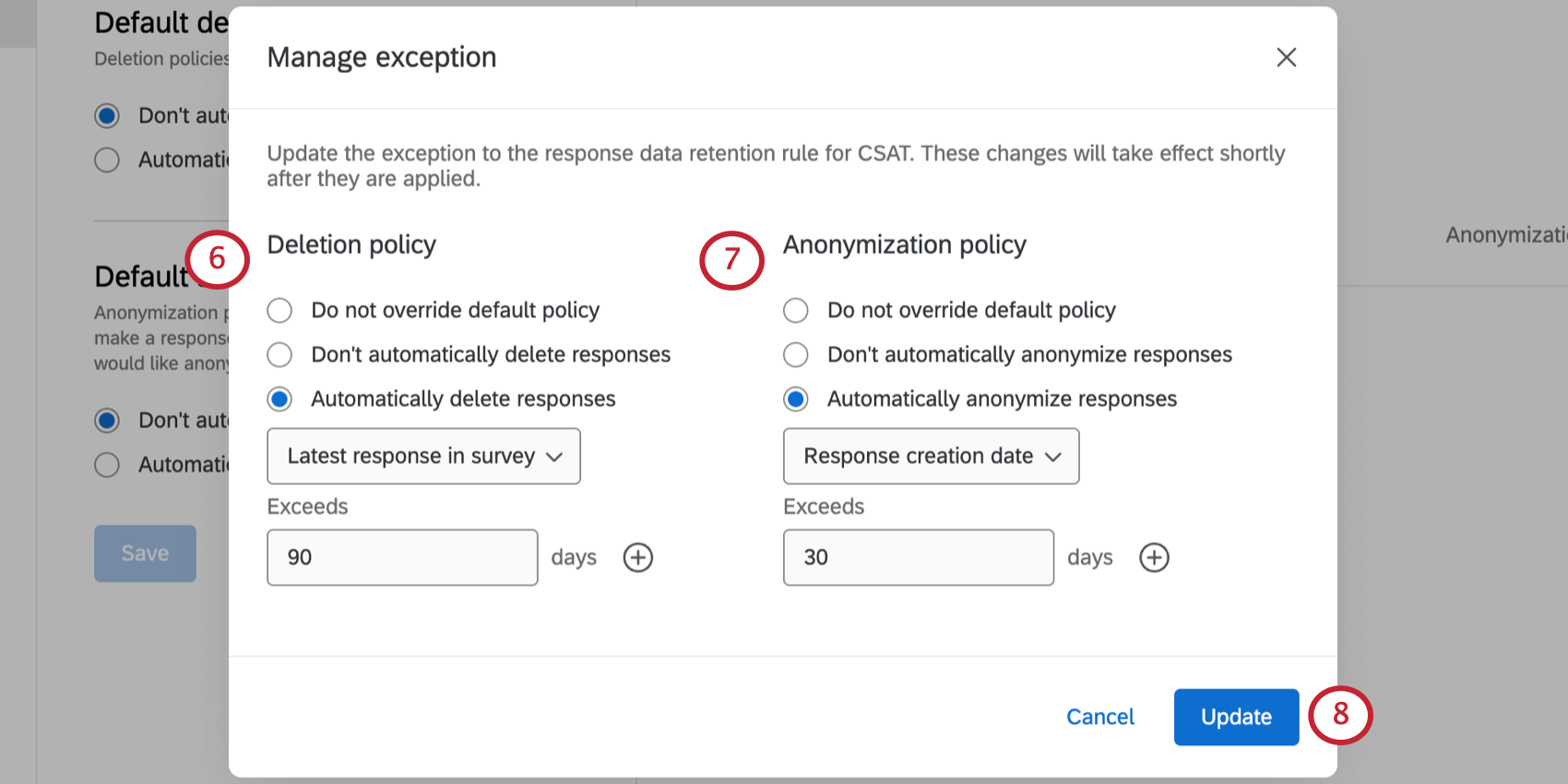 New page of the window shows thedeletion policy settings to the left and the anonymization settings to the right