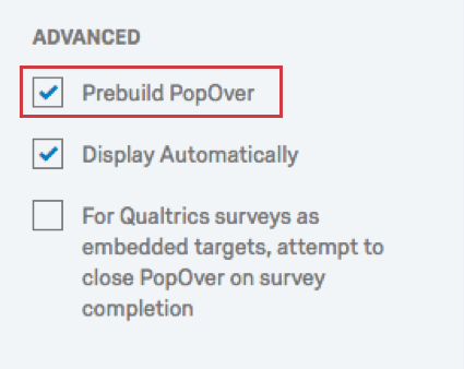 Prebuild PopOver option selected under Advanced Options