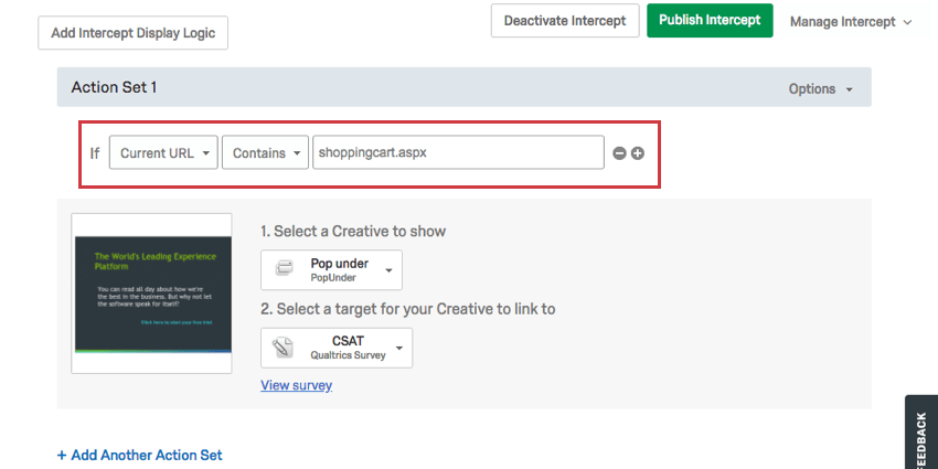 Unintercetta in cui la serie di azioni dice che la finestra a comparsa sottostante apparirà sotto il browser attivo quando lURL corrente del visitatore contiene il carrello della spesa