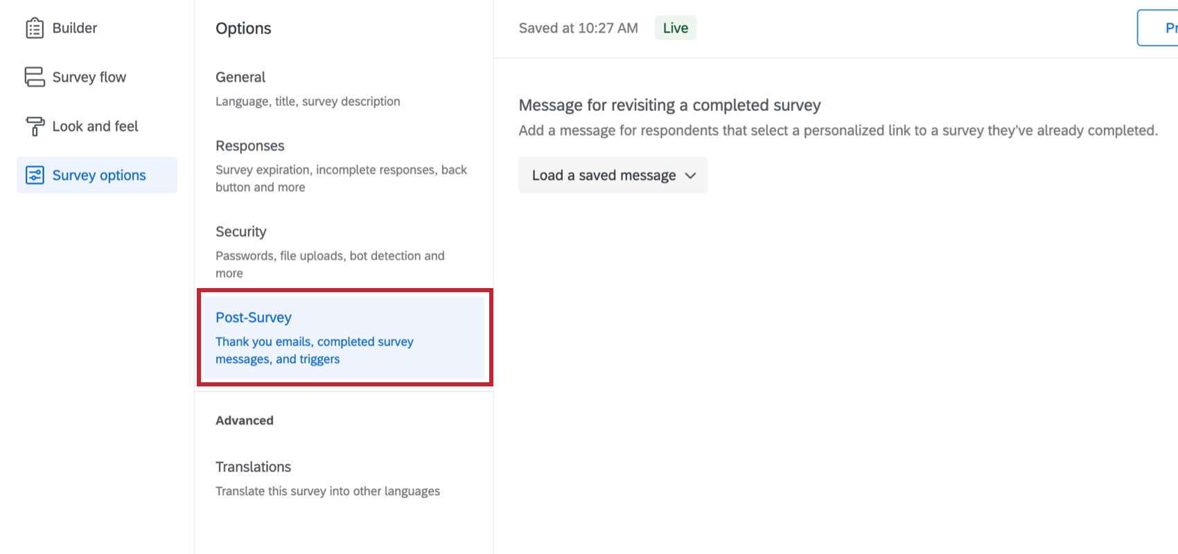 Post-survey section of survey options