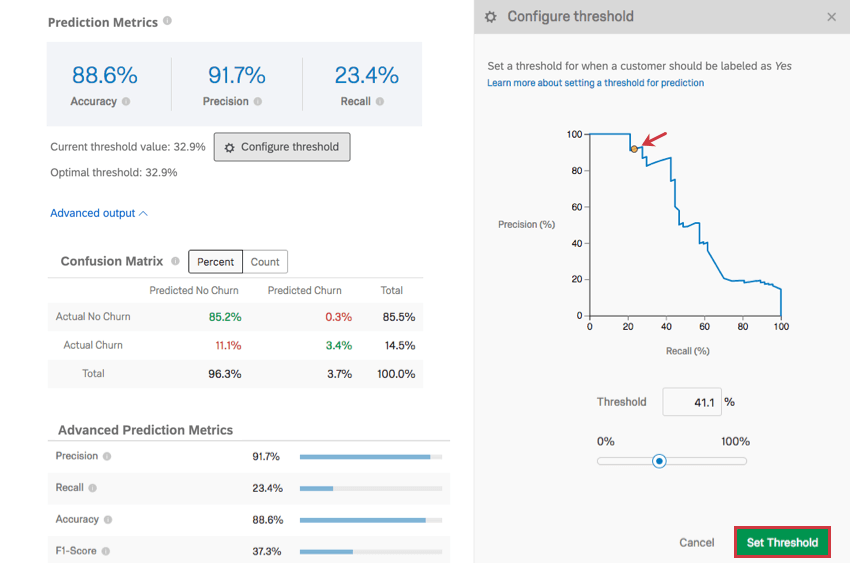 Le bouton Configurer le seuil situé sous le tableau ouvre une côte à côte sur la droite