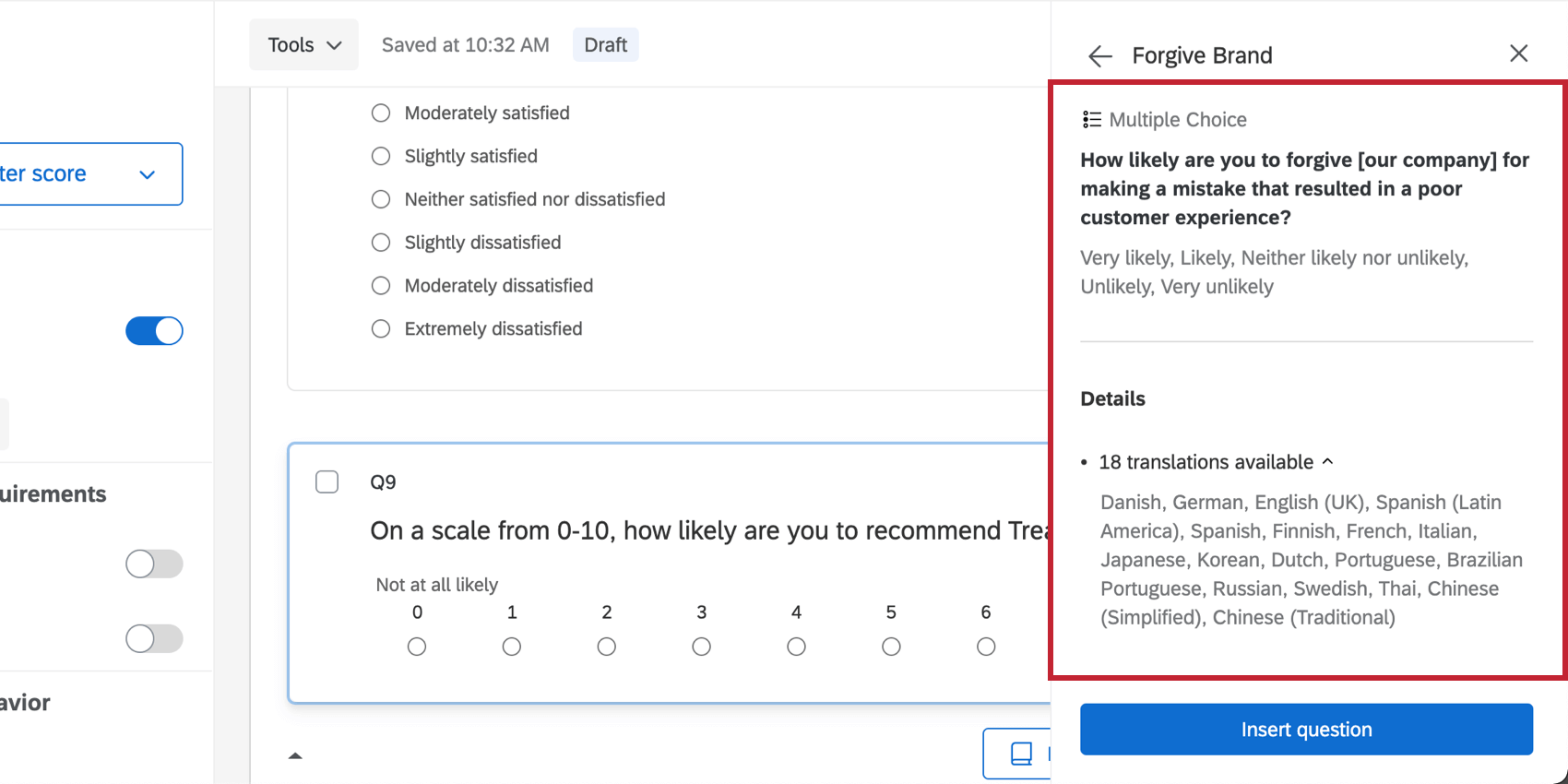 Limage montre un menu contenant des informations sur une question, telles que les questions complètes, toutes les options et les traductions disponibles, ainsi quun bouton dinsertion