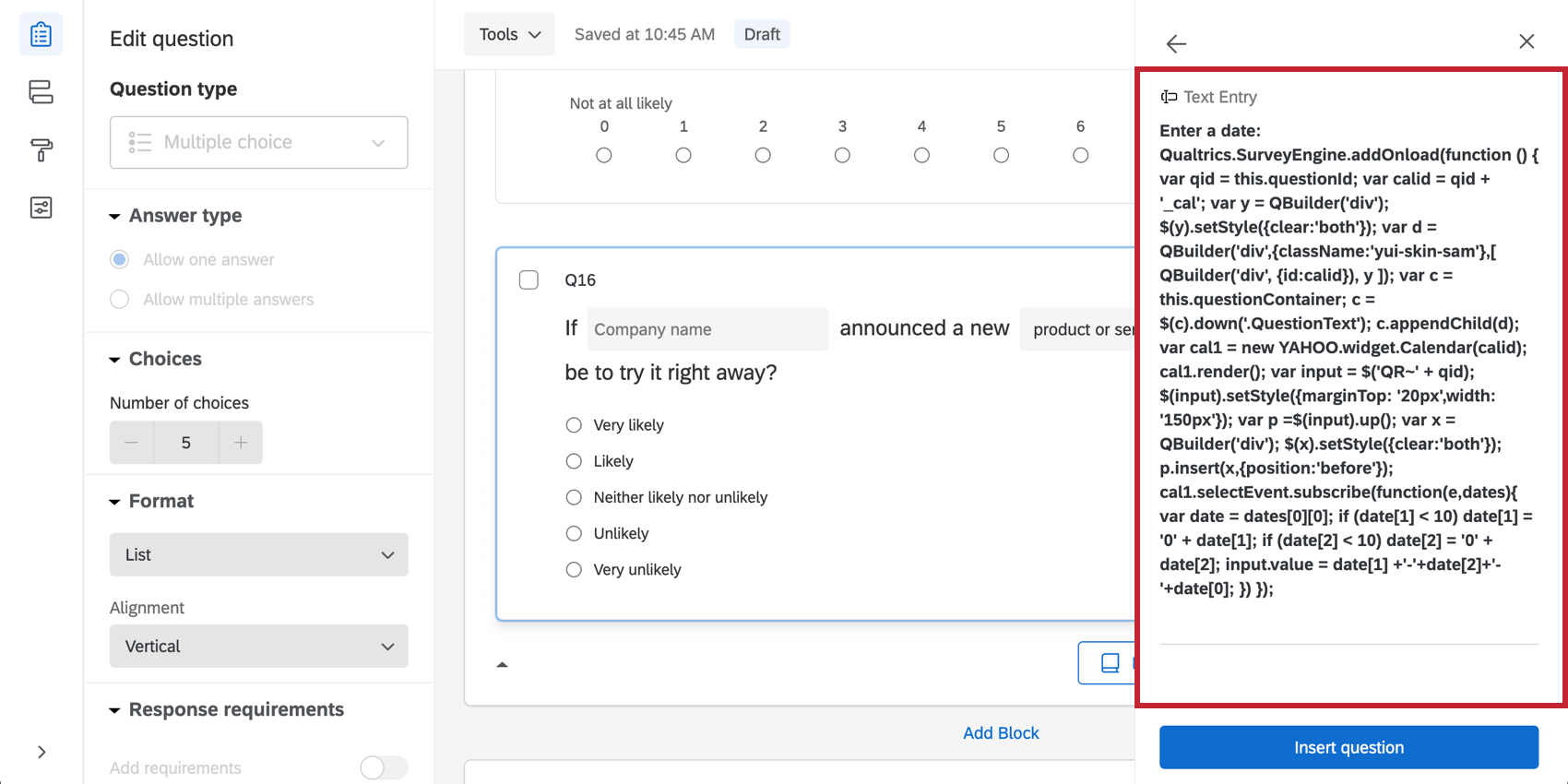 O menu mostra uma pergunta entrada de texto com a inserção de uma data e, em seguida, uma parede de código